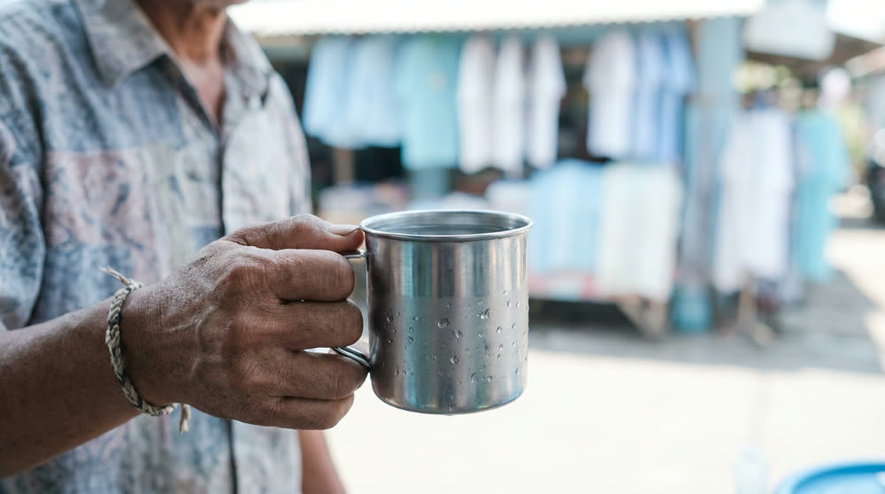 Pekerja mengisi tumbler dari mesin air