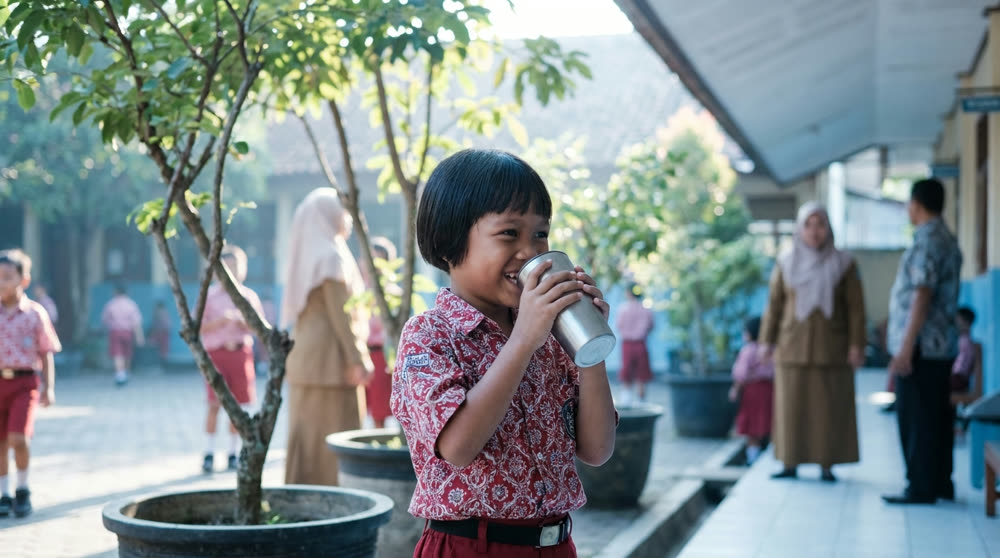 Anak sekolah mengisi tumbler