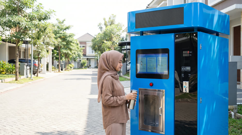 Pengguna mengisi tumbler di mesin Mizuone