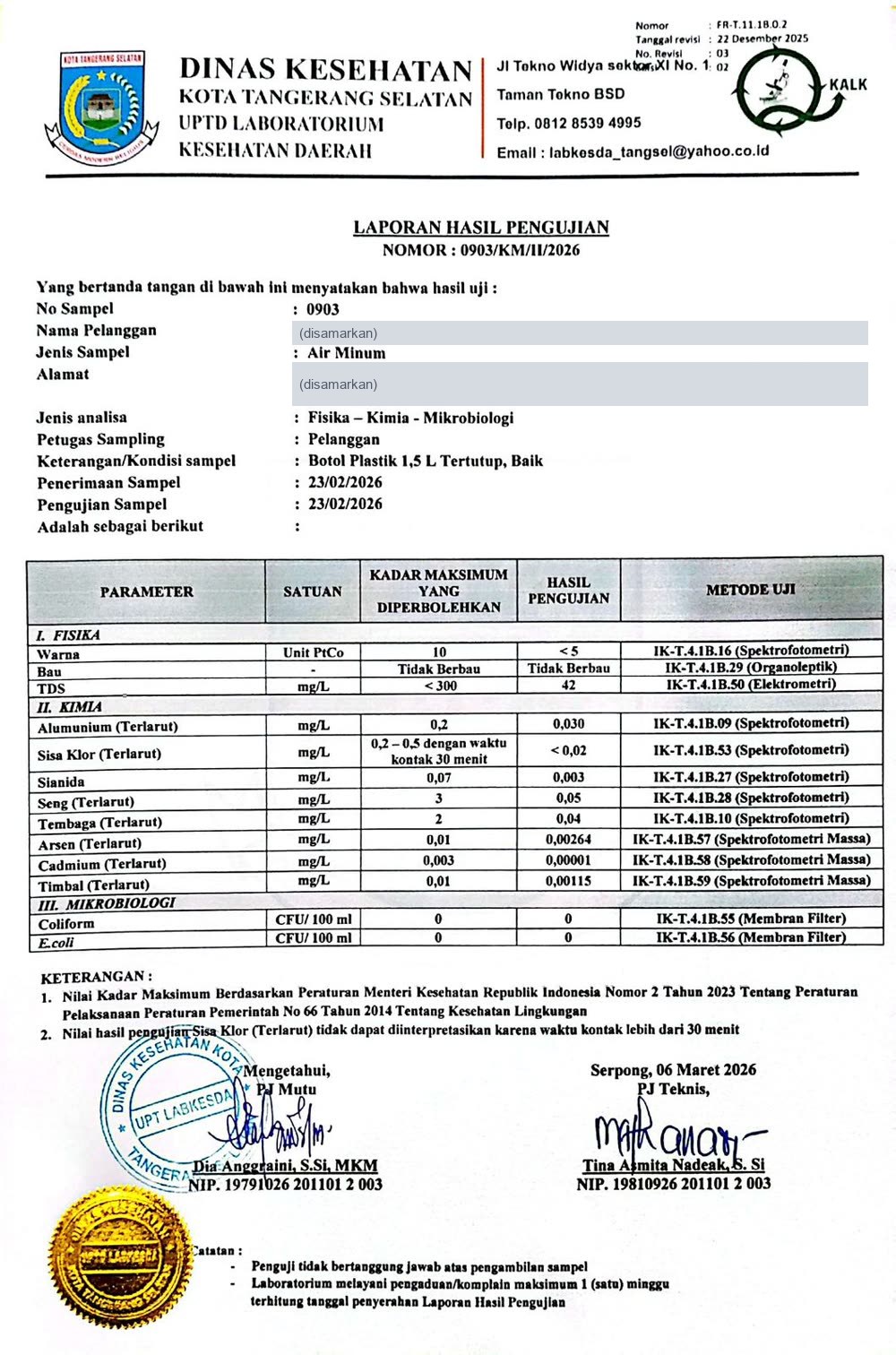 Laporan hasil pengujian air dari Labkesda Tangerang Selatan, nama pelanggan disamarkan